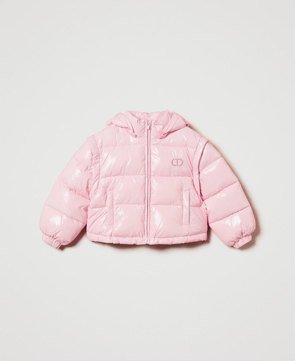 Shiny puffer jacket with embroidered logo Girl Pink TWINSET Milano