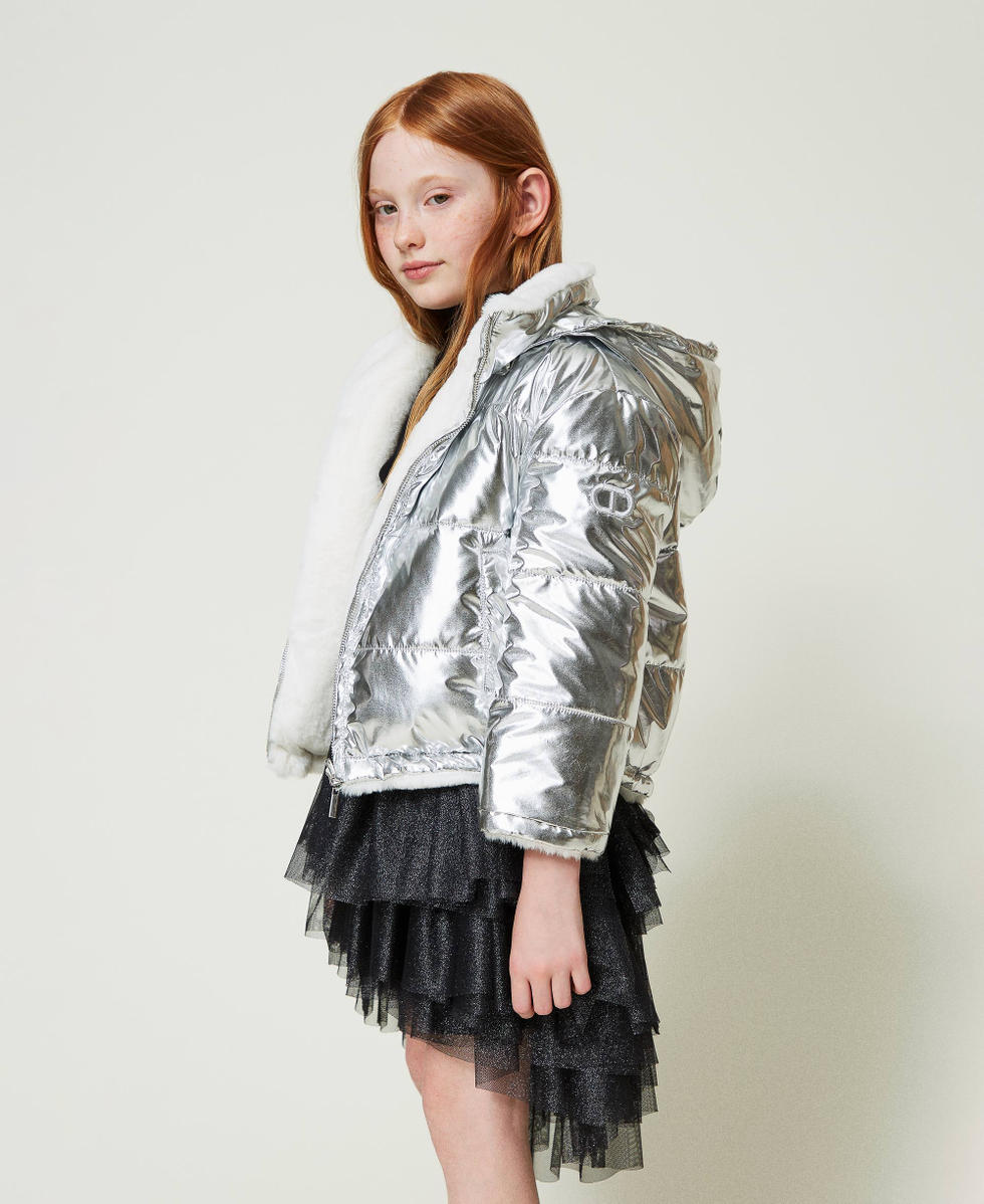 Reversible faux fur jacket Girl, White | TWINSET Milano Reversible faux fur jacket Girl, White | TWINSET Milano