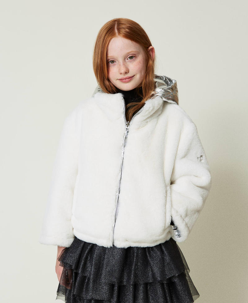 Reversible faux fur jacket Two-tone Off White / Metallic Silver Girl 242GJ2210_11836_05