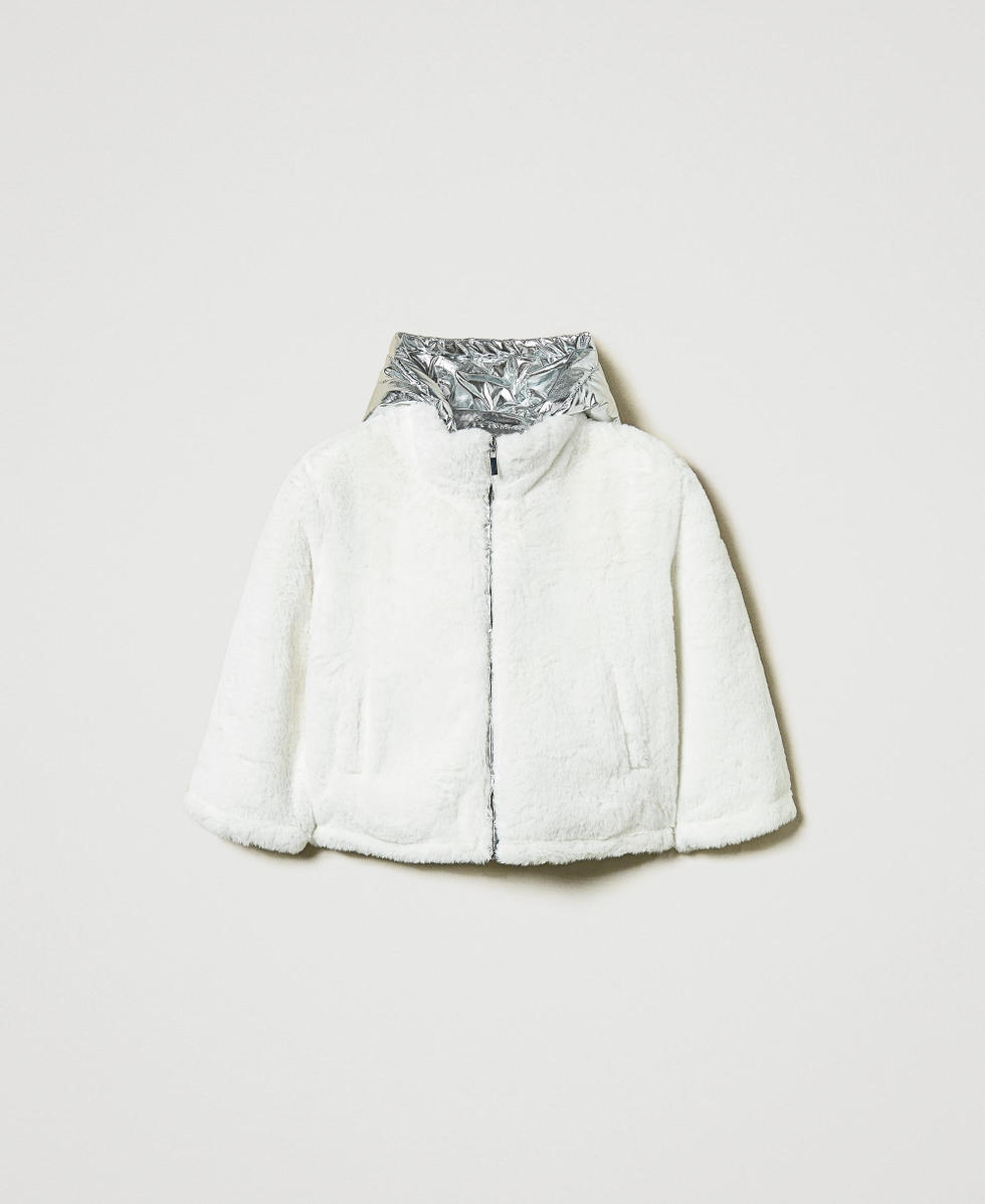 Reversible faux fur jacket Two-tone Off White / Metallic Silver Girl 242GJ2210_11836_S0