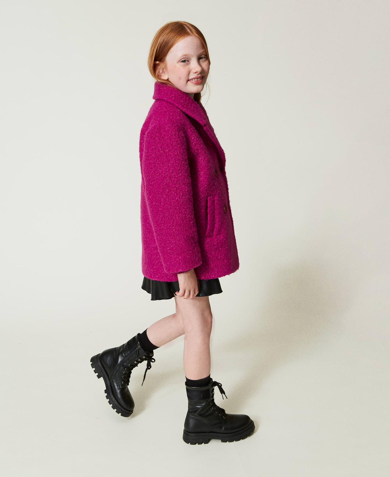 Double-breasted curly wool cloth coat Magenta Purple Girl 242GJ2221_11736_02