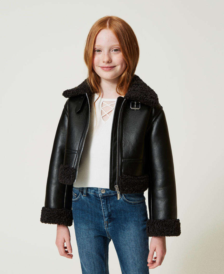 Aviator jacket with faux fur Black Girl 242GJ2230_00006_01