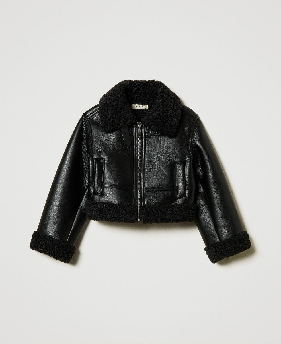 Aviator jacket with faux fur Girl Black TWINSET Milano