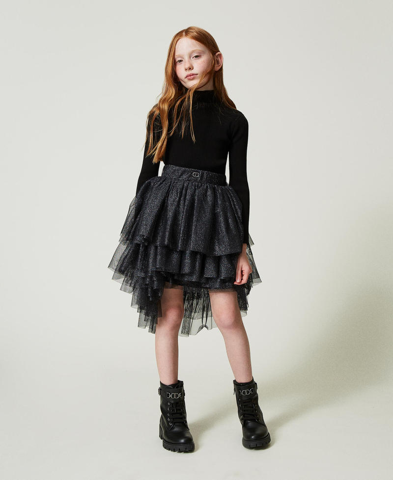 Lurex tulle skirt with flounces Black Girl 242GJ2300_00006_01