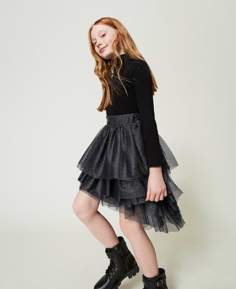 Lurex tulle skirt with flounces Black Girl 242GJ2300_00006_02