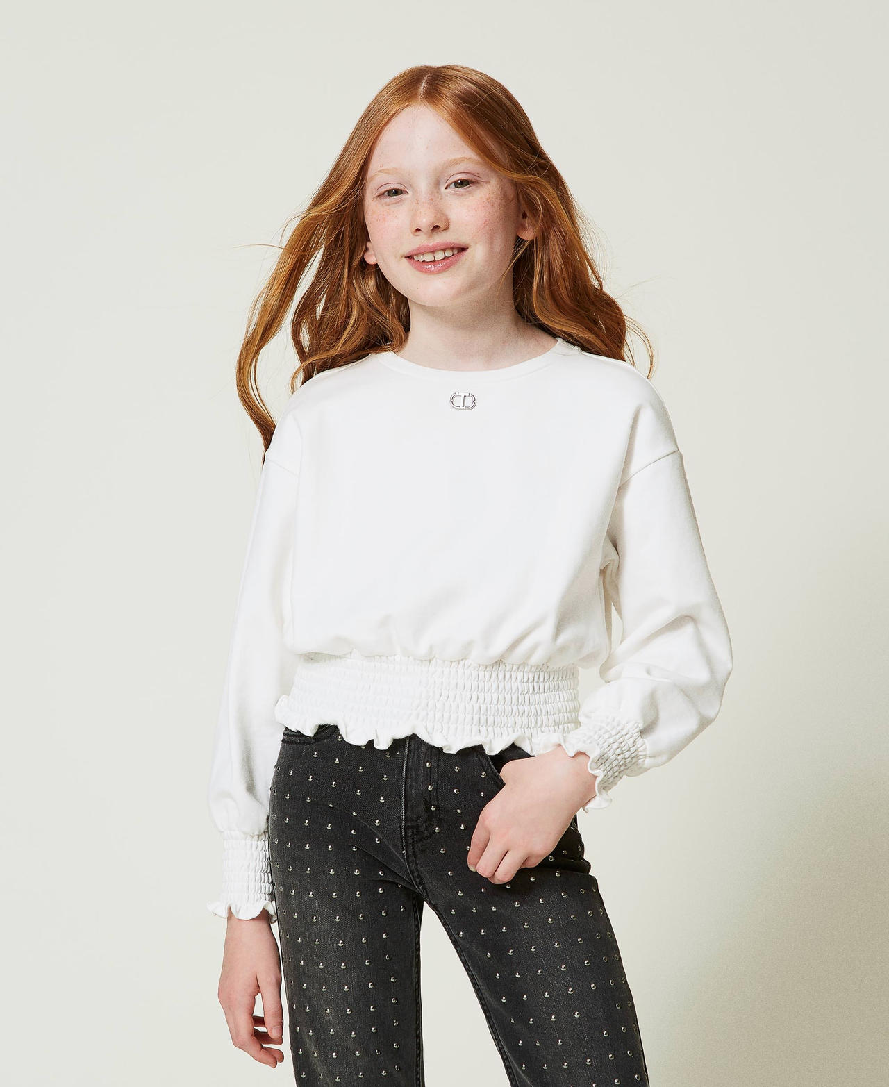 Twinset Sweat-shirts - Sweat-shirt ras-du-cou avec point smocks, Off White, Coton, Taille: 2A