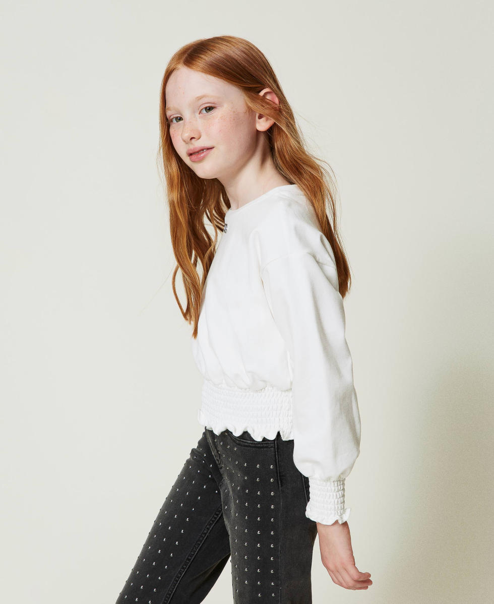 Felpa girocollo con punto smock Off White Bambina 242GJ2330_00526_02