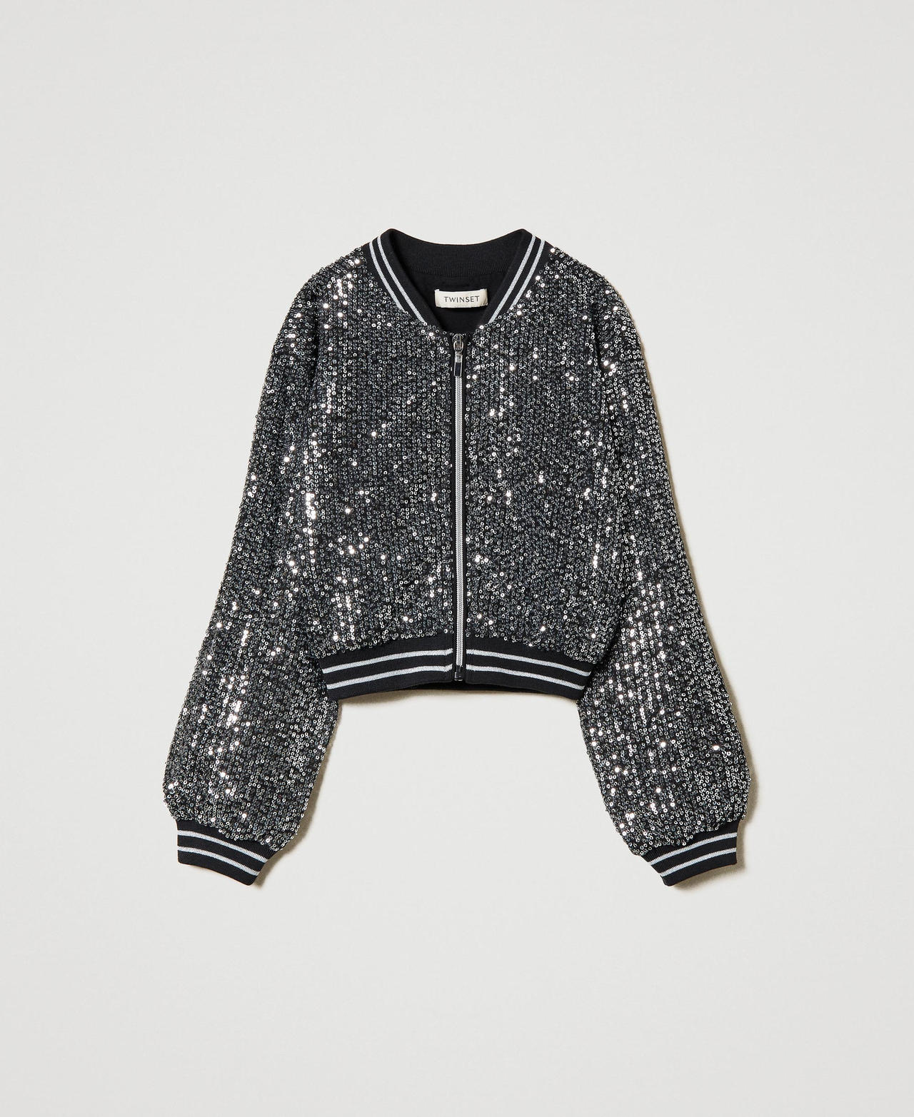 Bomberjacke mit Alloverpailletten Metallic-Gunmetalgrau Mädchen 242GJ2350_11826_0S