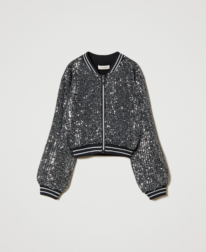 Bomberjacke mit Alloverpailletten Metallic-Gunmetalgrau Mädchen 242GJ2350_11826_0S