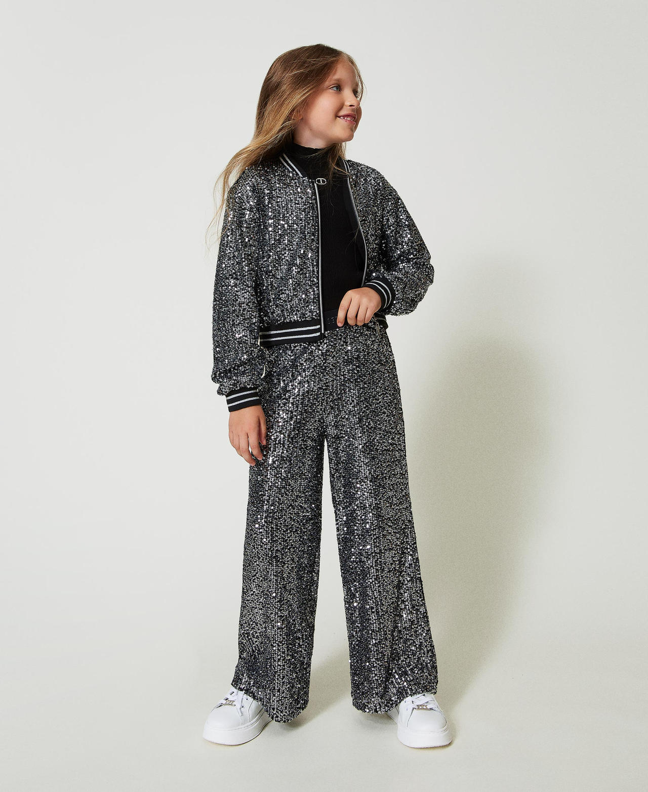 Pantalon palazzo avec sequins all-over Canon de Fusil M&eacute;tallis&eacute; Fille 242GJ2351_11826_01