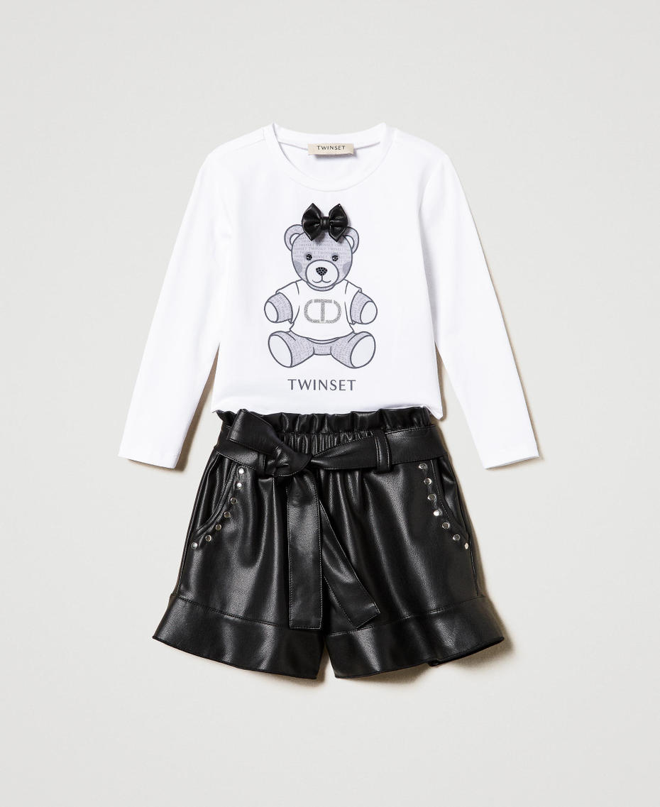 T-shirt with print and shorts with ruffles Bicolour Off White / Black Girl 242GJ2410_02722_01