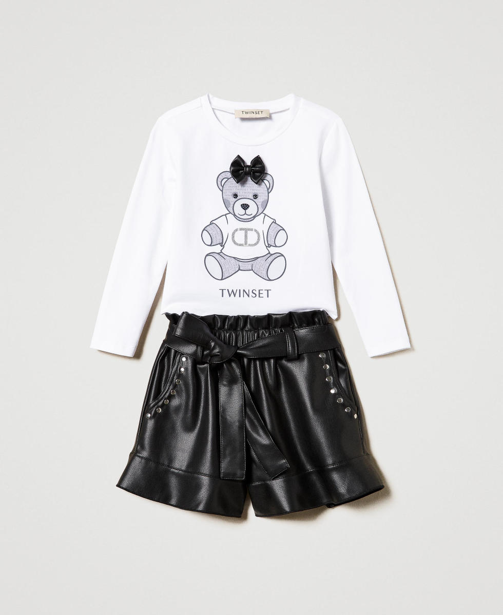 Shirt mit Print und Volantshorts Zweifarbig Off White / Schwarz M&auml;dchen 242GJ2410_02722_01