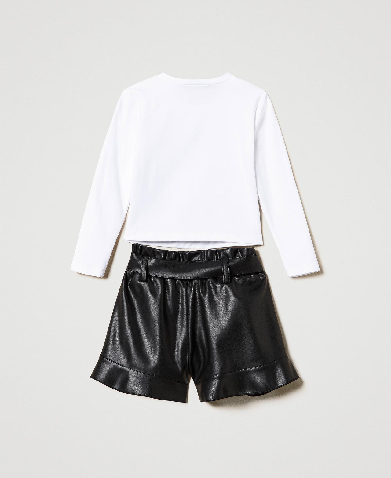 T-shirt with print and shorts with ruffles Bicolour Off White / Black Girl 242GJ2410_02722_0S