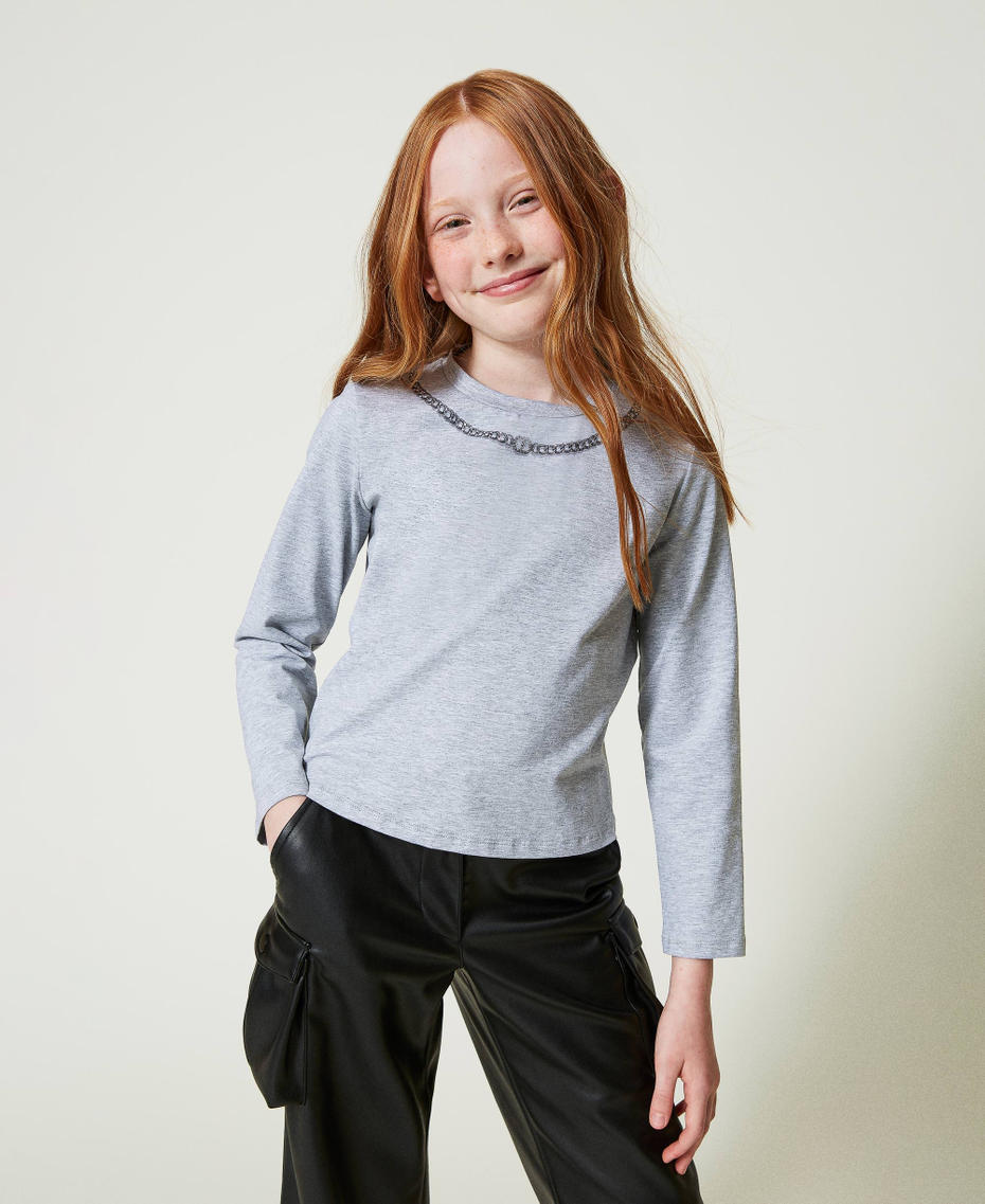 T-shirt con stampa collana e strass Grigio Melange Chiaro Bambina 242GJ2432_11834_01
