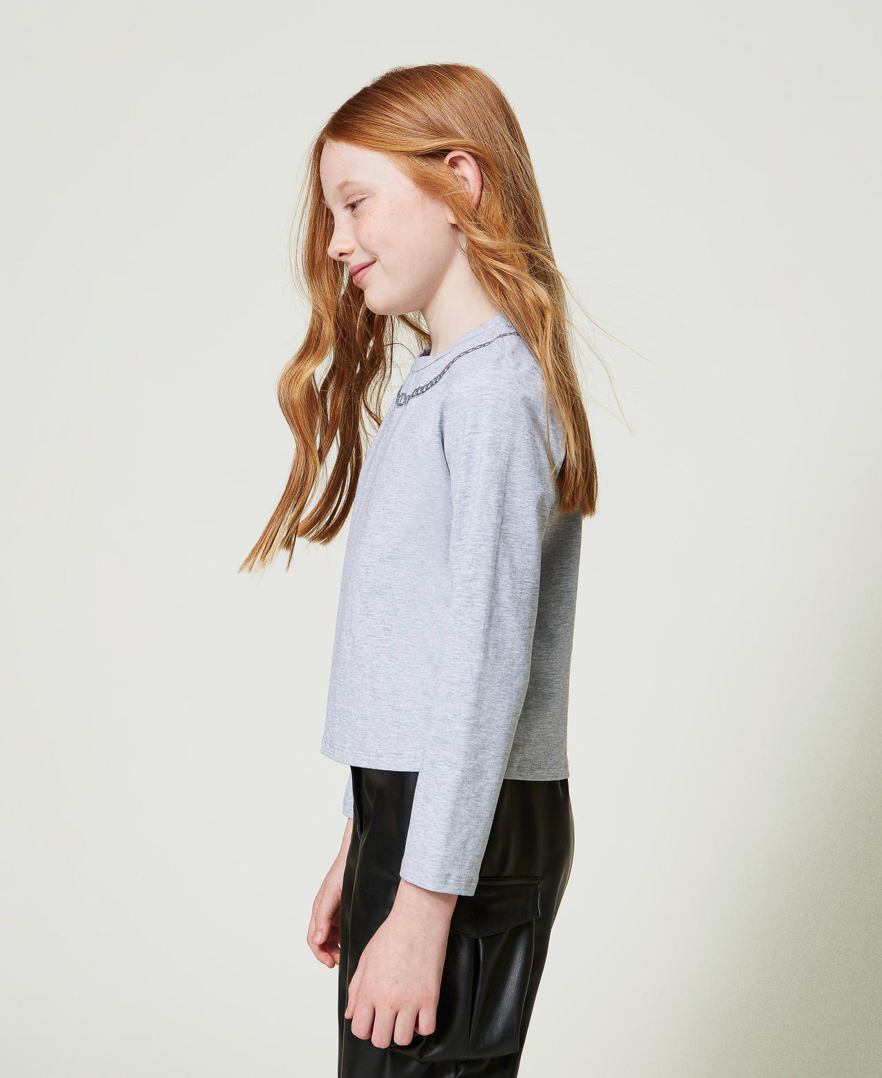 T-shirt con stampa collana e strass Grigio Melange Chiaro Bambina 242GJ2432_11834_02