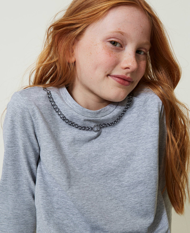 T-shirt con stampa collana e strass Grigio Melange Chiaro Bambina 242GJ2432_11834_04