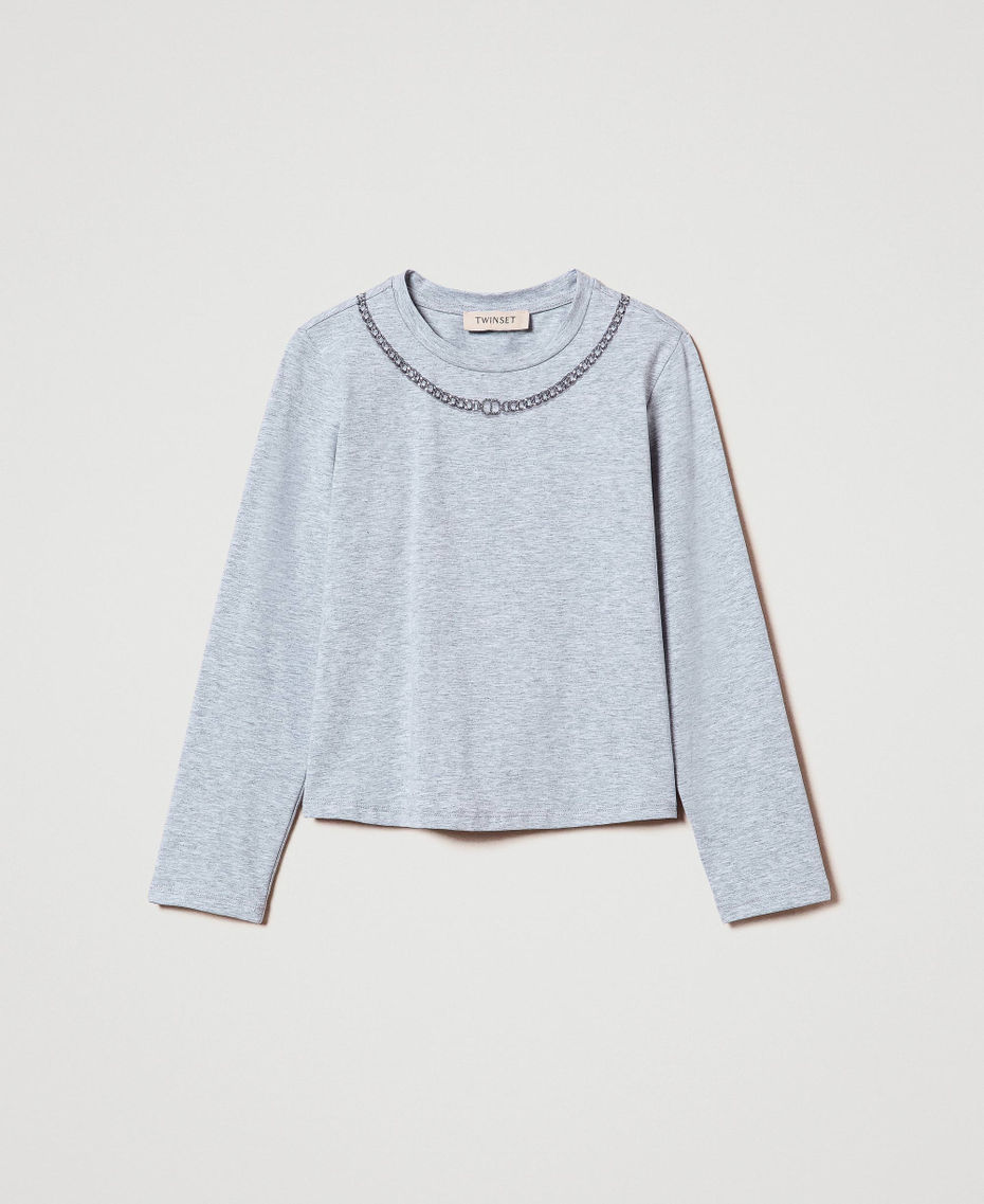 T-shirt con stampa collana e strass Grigio Melange Chiaro Bambina 242GJ2432_11834_S0