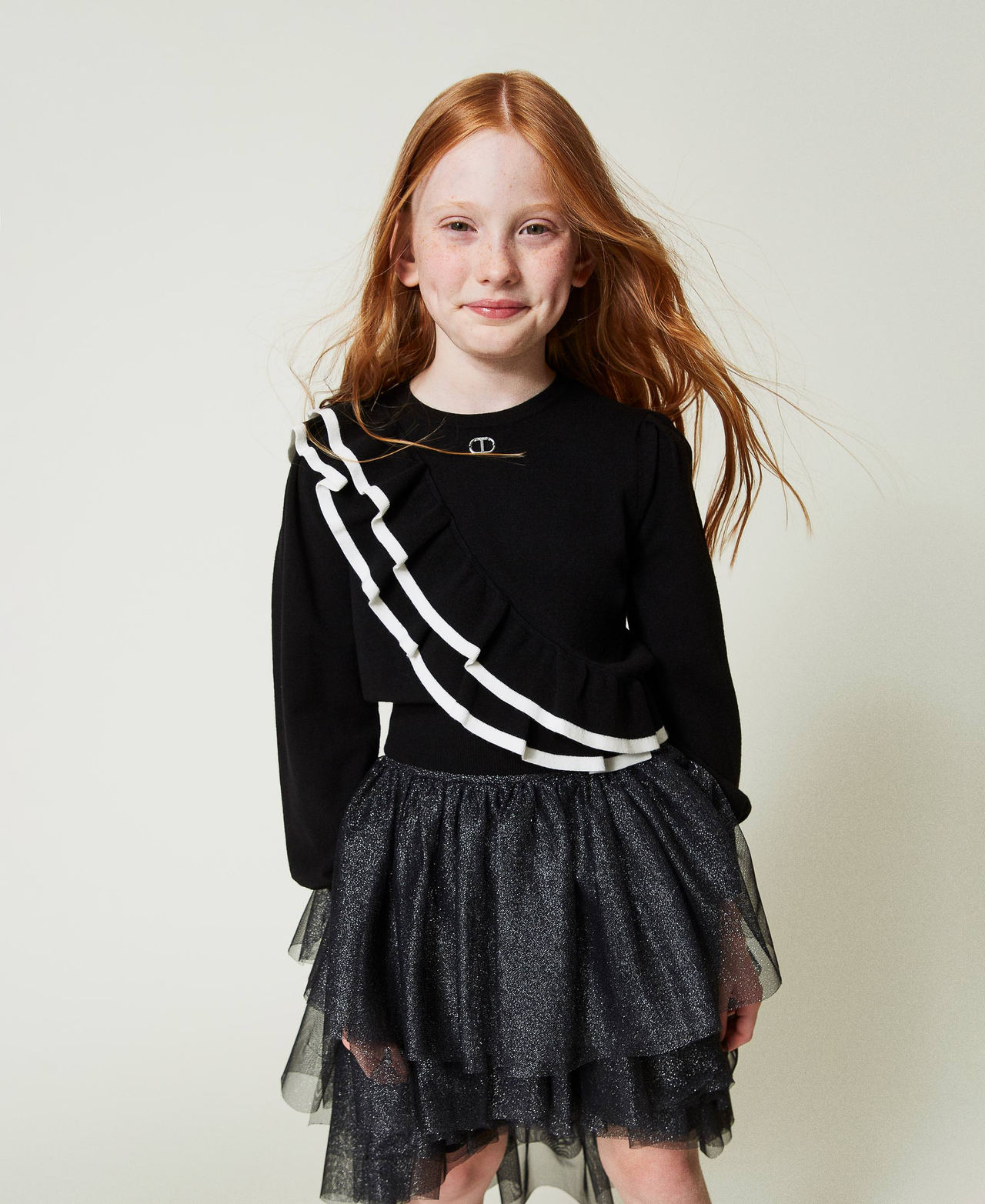 Regular fit jumper with double flounce Bicolour Black / Off White Girl 242GJ3021_02714_02