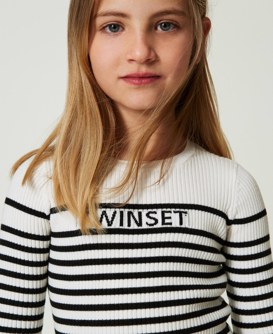 Striped crew neck jumper with jacquard logo Bicolour Off White / Black Girl 242GJ3030_02722_01