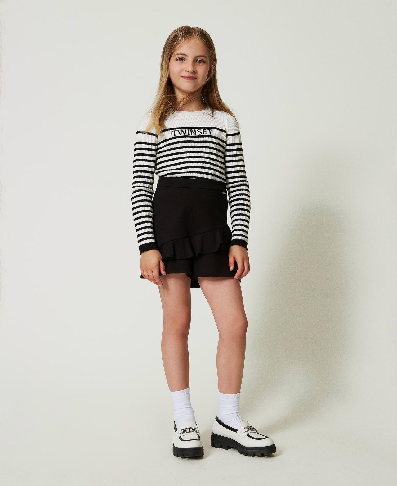 Striped crew neck jumper with jacquard logo Bicolour Off White / Black Girl 242GJ3030_02722_02