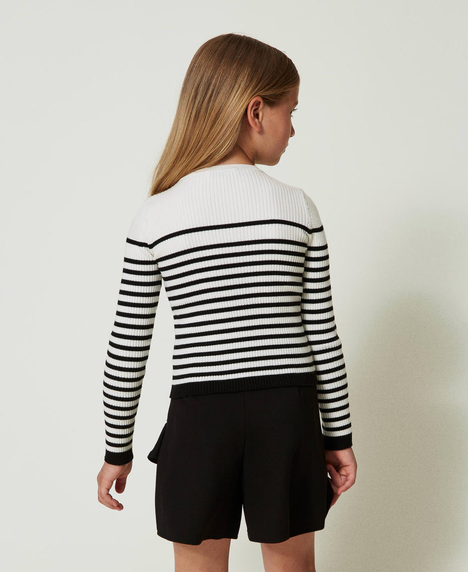 Striped crew neck jumper with jacquard logo Bicolour Off White / Black Girl 242GJ3030_02722_04