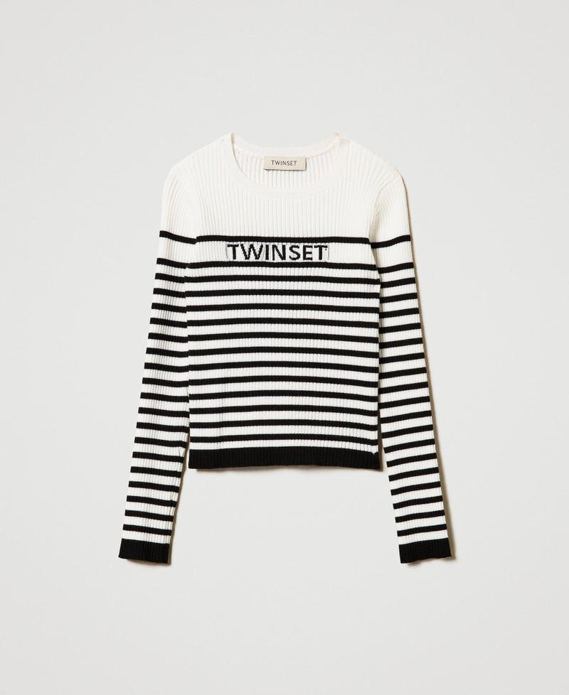 Striped crew neck jumper with jacquard logo Bicolour Off White / Black Girl 242GJ3030_02722_S0