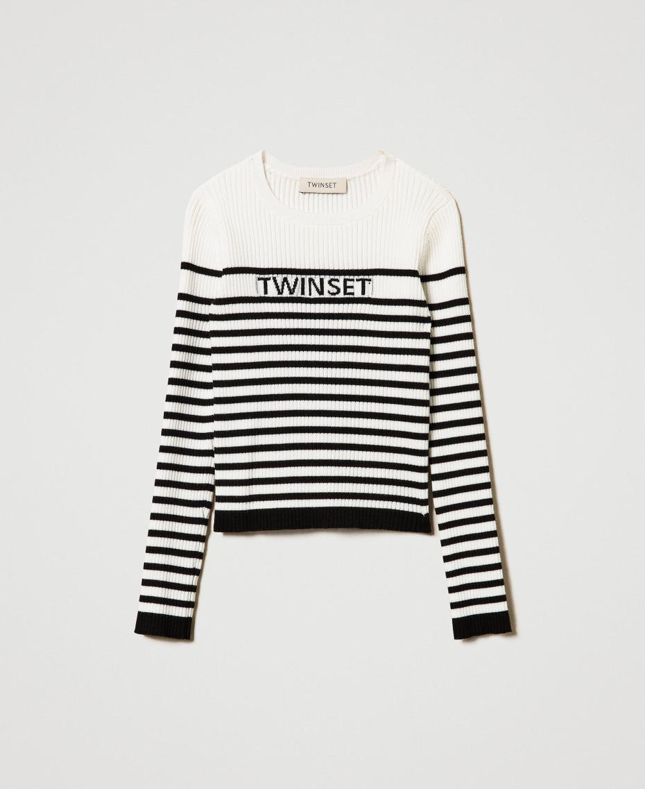 Striped crew neck jumper with jacquard logo Bicolour Off White / Black Girl 242GJ3030_02722_S0