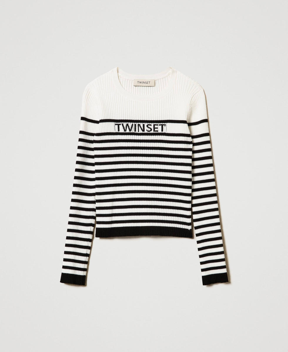 Striped crew neck jumper with jacquard logo Bicolour Off White / Black Girl 242GJ3030_02722_S0