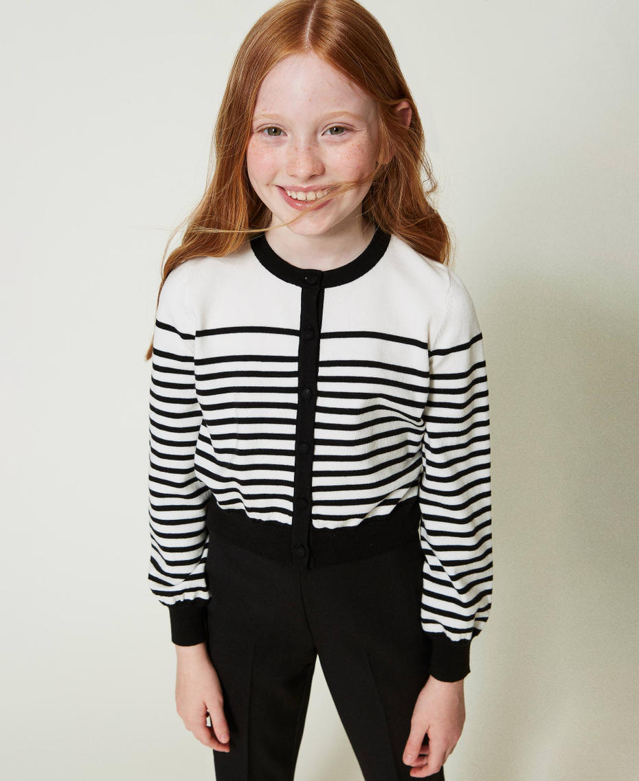 Striped cardigan with jacquard logo Bicolour Off White / Black Girl 242GJ3031_02722_01