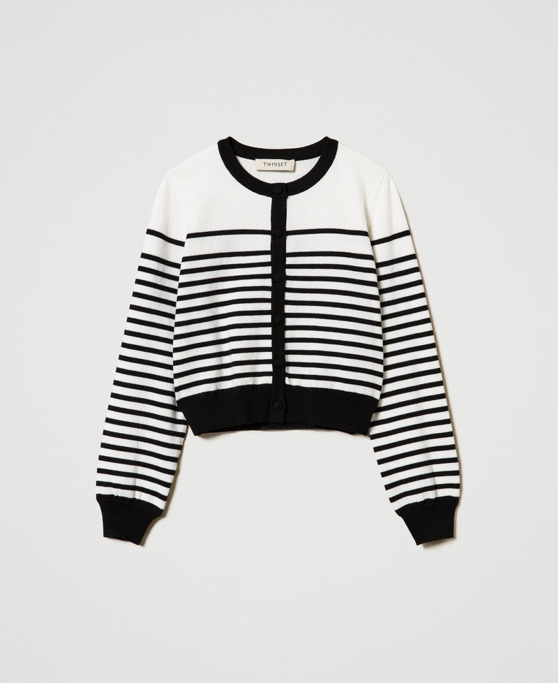 Striped cardigan with jacquard logo Bicolour Off White / Black Girl 242GJ3031_02722_S0