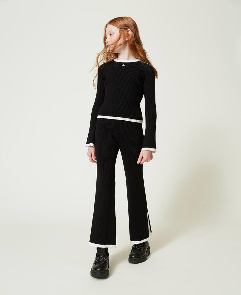 Ribbed jumper and wide trousers Bicolour Black / Off White Girl 242GJ3042_02714_01