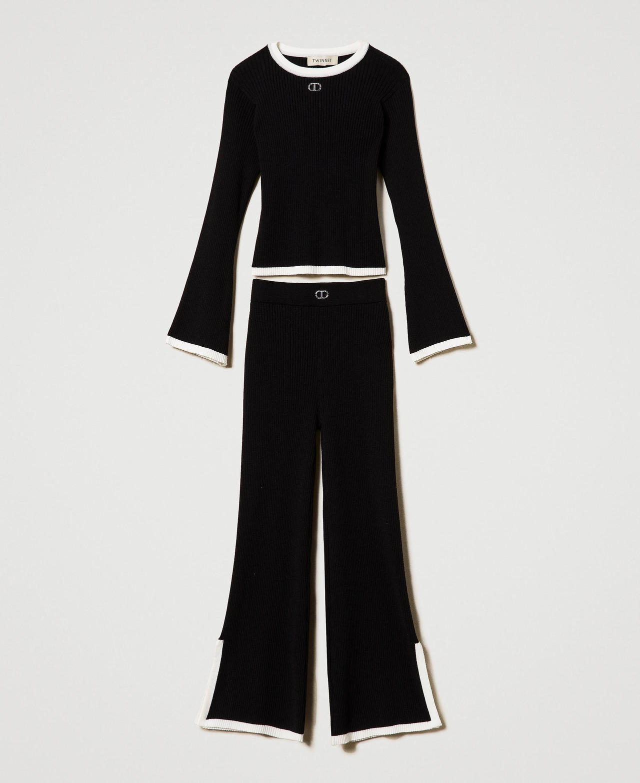 Ribbed jumper and wide trousers Bicolour Black / Off White Girl 242GJ3042_02714_0S