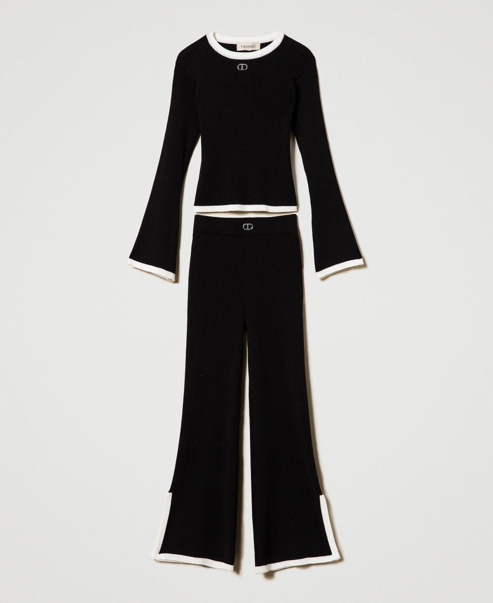 Ribbed jumper and wide trousers Bicolour Black / Off White Girl 242GJ3042_02714_S0