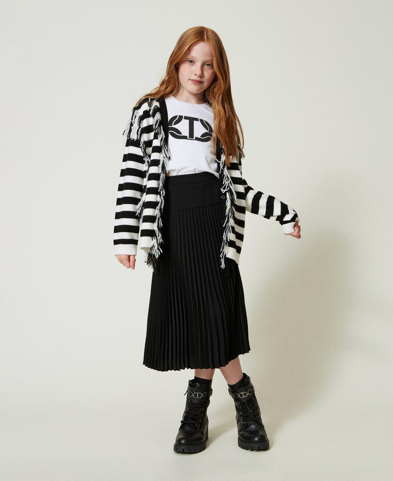 Striped knit maxi cardigan with fringes Bicolour Off White / Black Girl 242GJ3050_02722_02