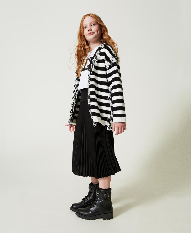 Striped knit maxi cardigan with fringes Bicolour Off White / Black Girl 242GJ3050_02722_03