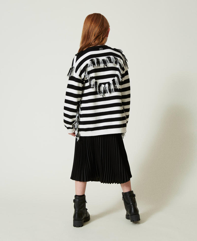 Striped knit maxi cardigan with fringes Bicolour Off White / Black Girl 242GJ3050_02722_04