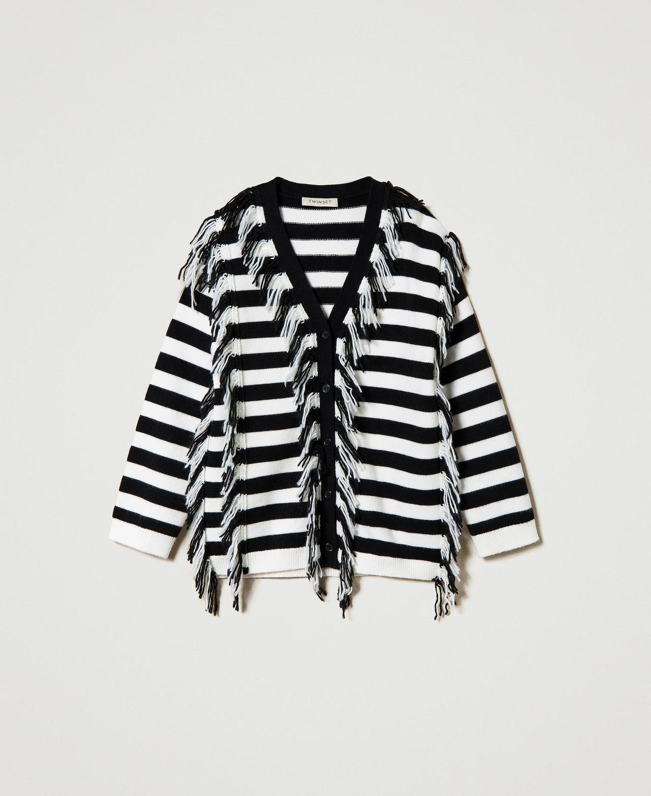 Striped knit maxi cardigan with fringes Bicolour Off White / Black Girl 242GJ3050_02722_0S