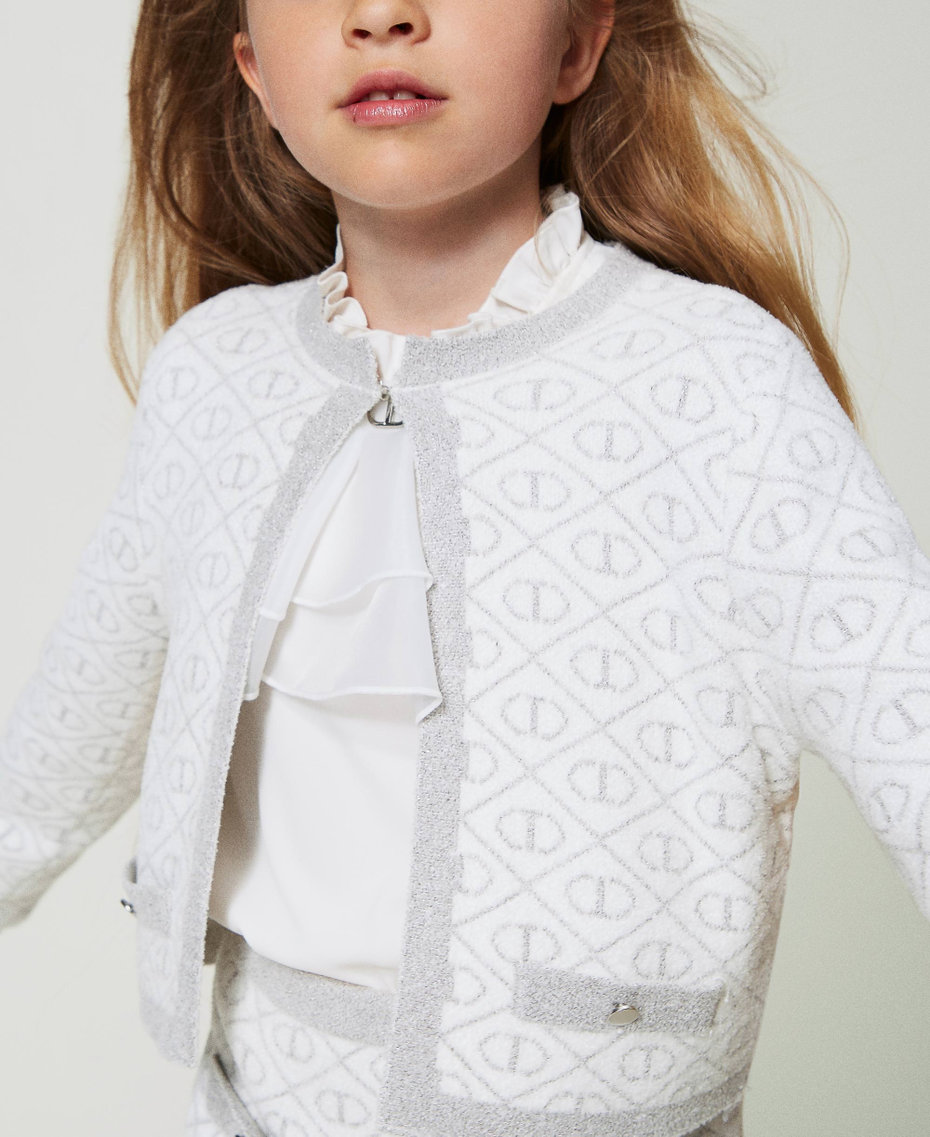 Jacquard knit jacket with Oval T Two-tone Off White / Metallic Silver Girl 242GJ3060_11836_04