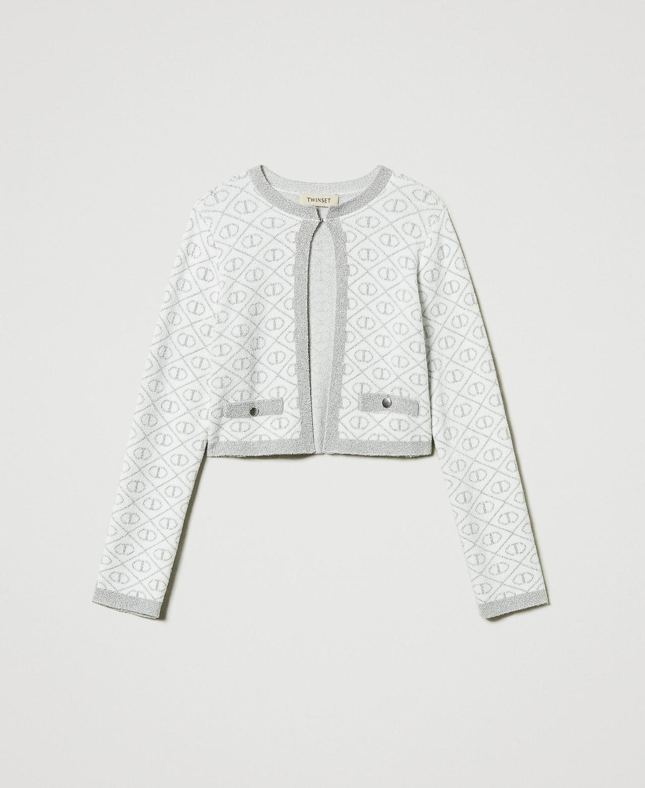 Jacquard knit jacket with Oval T Two-tone Off White / Metallic Silver Girl 242GJ3060_11836_0S