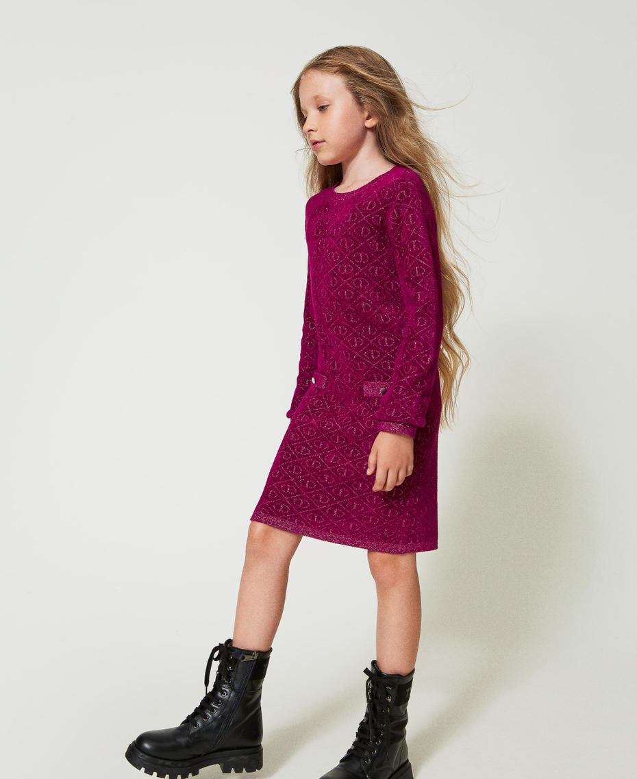 Jacquard knit short dress with Oval T Two-tone Magenta Purple / Pink Orchid Girl 242GJ3061_11808_01