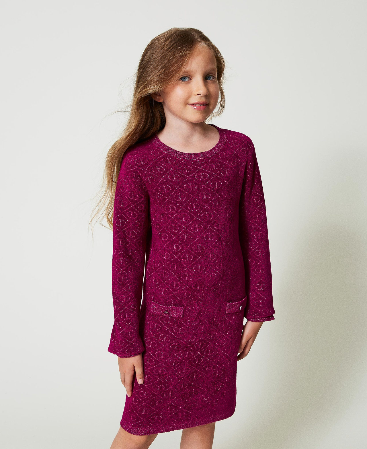 Jacquard knit short dress with Oval T Two-tone Magenta Purple / Pink Orchid Girl 242GJ3061_11808_02