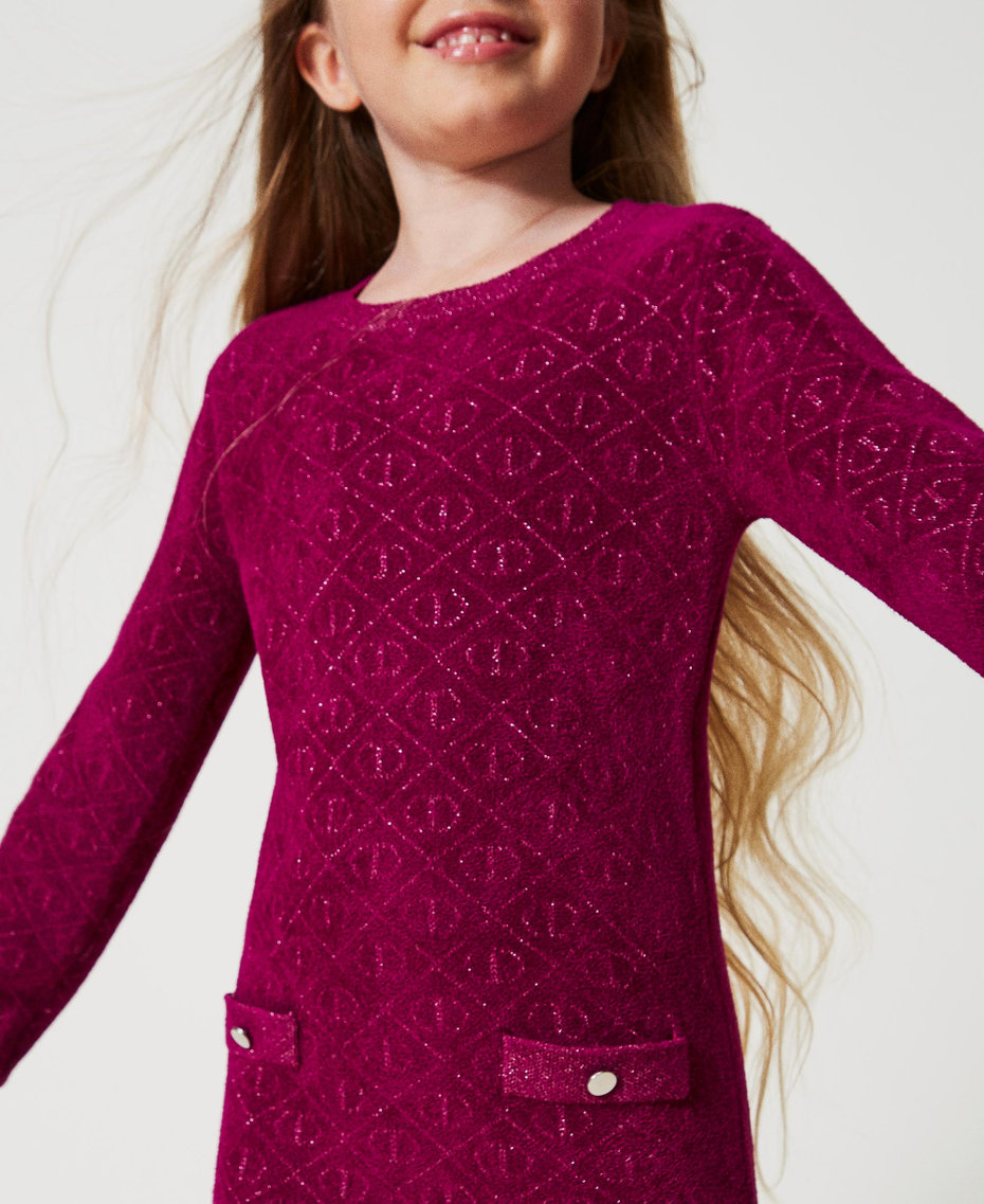 Jacquard knit short dress with Oval T Two-tone Magenta Purple / Pink Orchid Girl 242GJ3061_11808_04