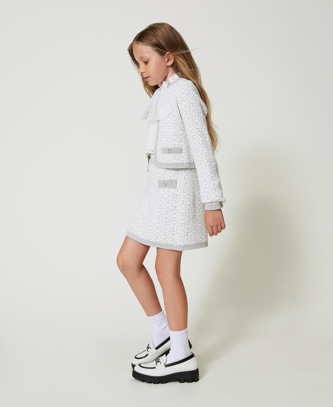 Twinset Jupes - Jupe courte en maille jacquard avec Oval T, Bicolore Blanc Cassé/Argent Métallisé, Taille: 16A