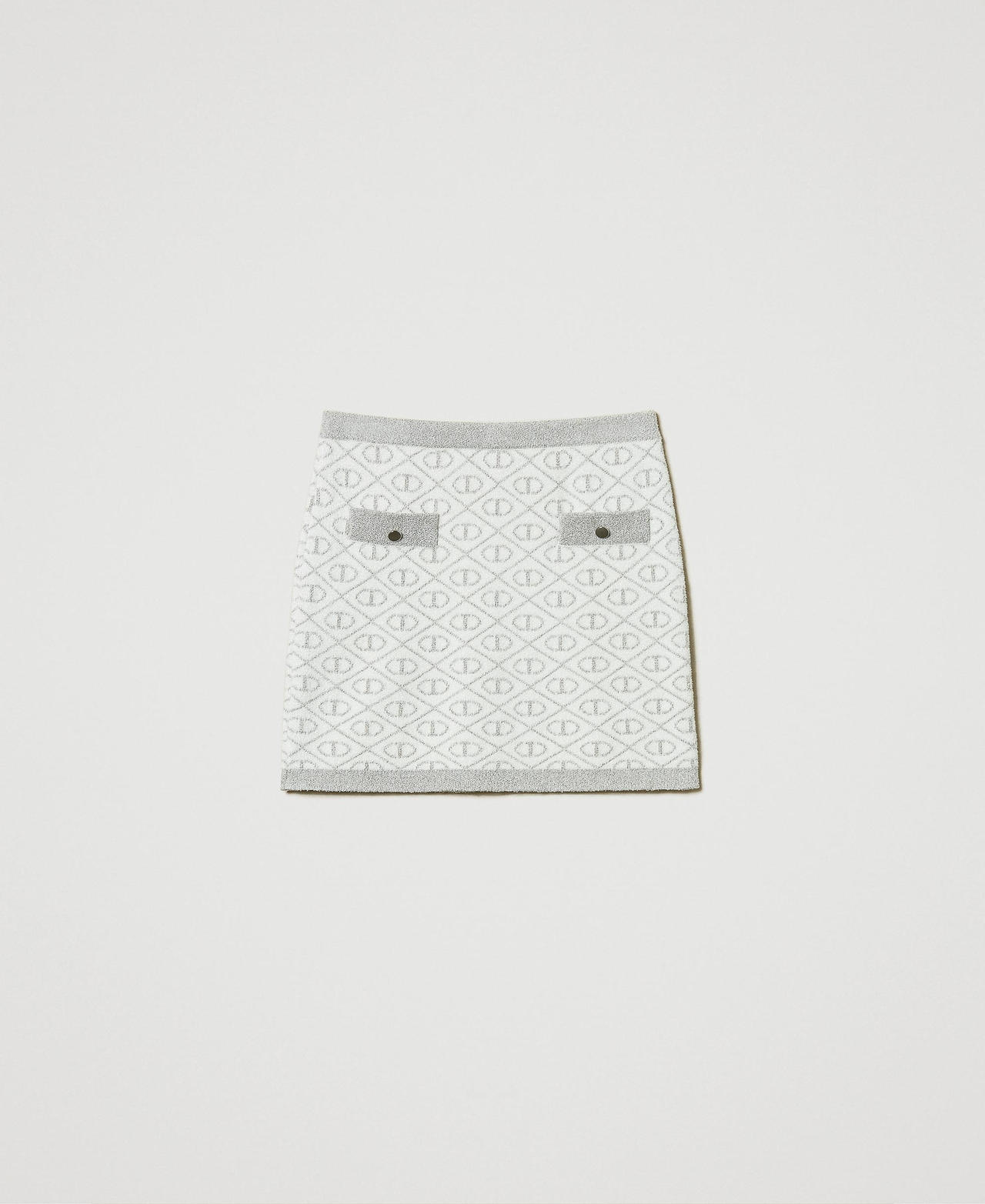 Jacquard knit short skirt with Oval T Two-tone Off White / Metallic Silver Girl 242GJ3064_11836_0S