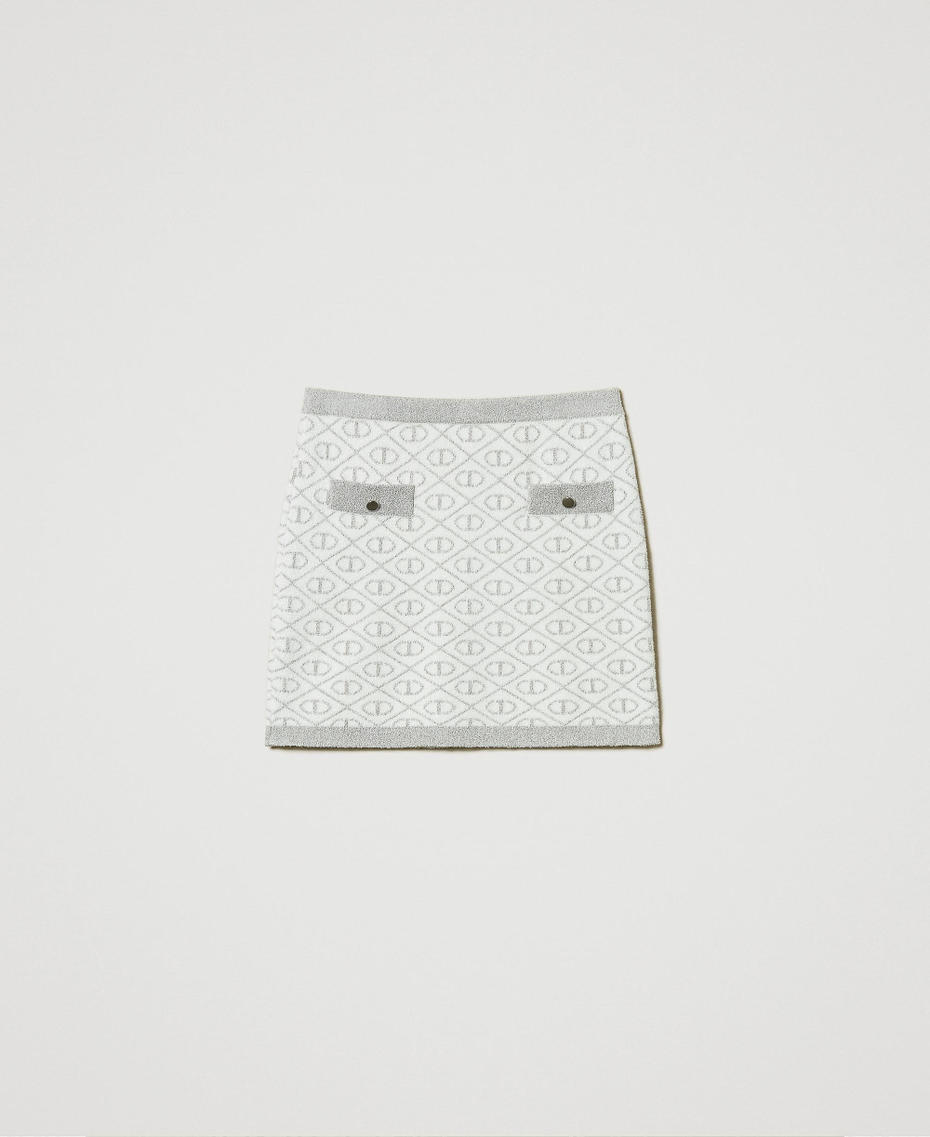 Jacquard knit short skirt with Oval T Two-tone Off White / Metallic Silver Girl 242GJ3064_11836_S0