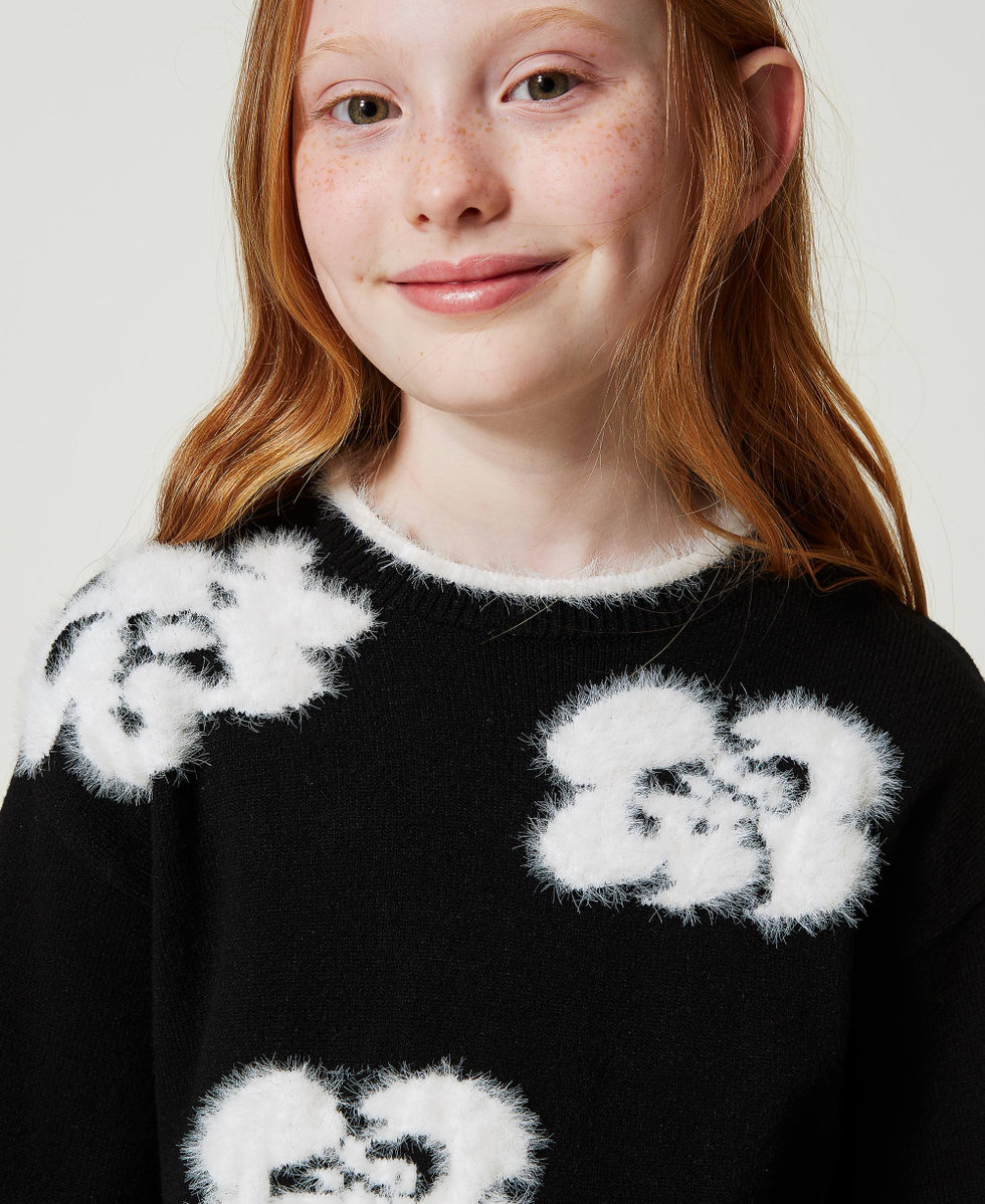 Pull avec fleurs incrust&eacute;es Bicolore Noir / Blanc Cass&eacute; Fille 242GJ3070_02714_04