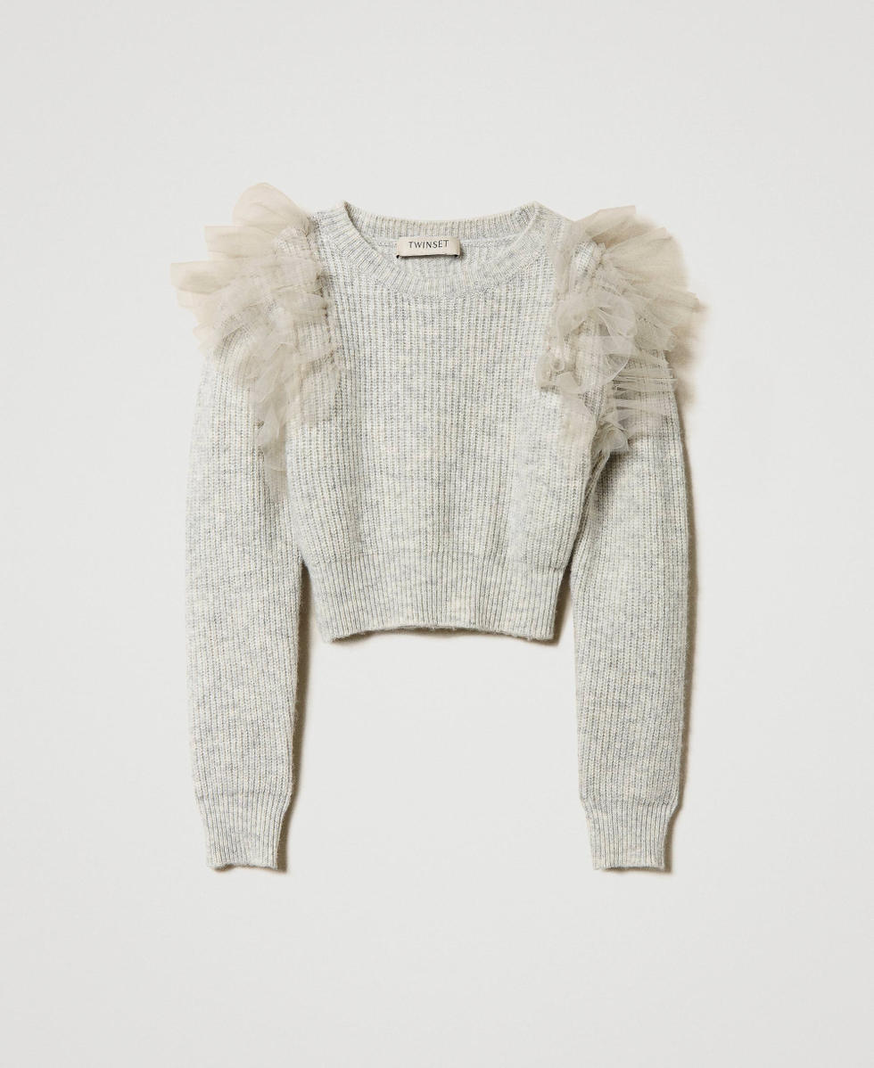 Regular-Fit-Pullover mit T&uuml;llvolants Grau Melange M&auml;dchen 242GJ3080_00082_S0