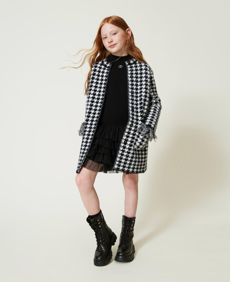 Jacquard knit coat with houndstooth pattern Bicolour Black / Off White Girl 242GJ3090_02714_T0