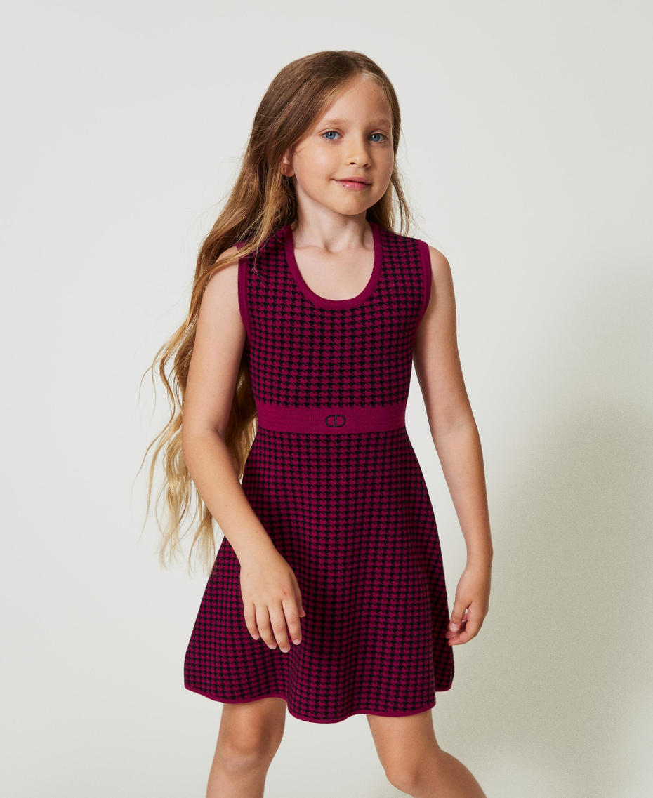 Jacquard knit short dress with houndstooth pattern Two-tone Magenta Purple / Black Girl 242GJ3101_11855_01