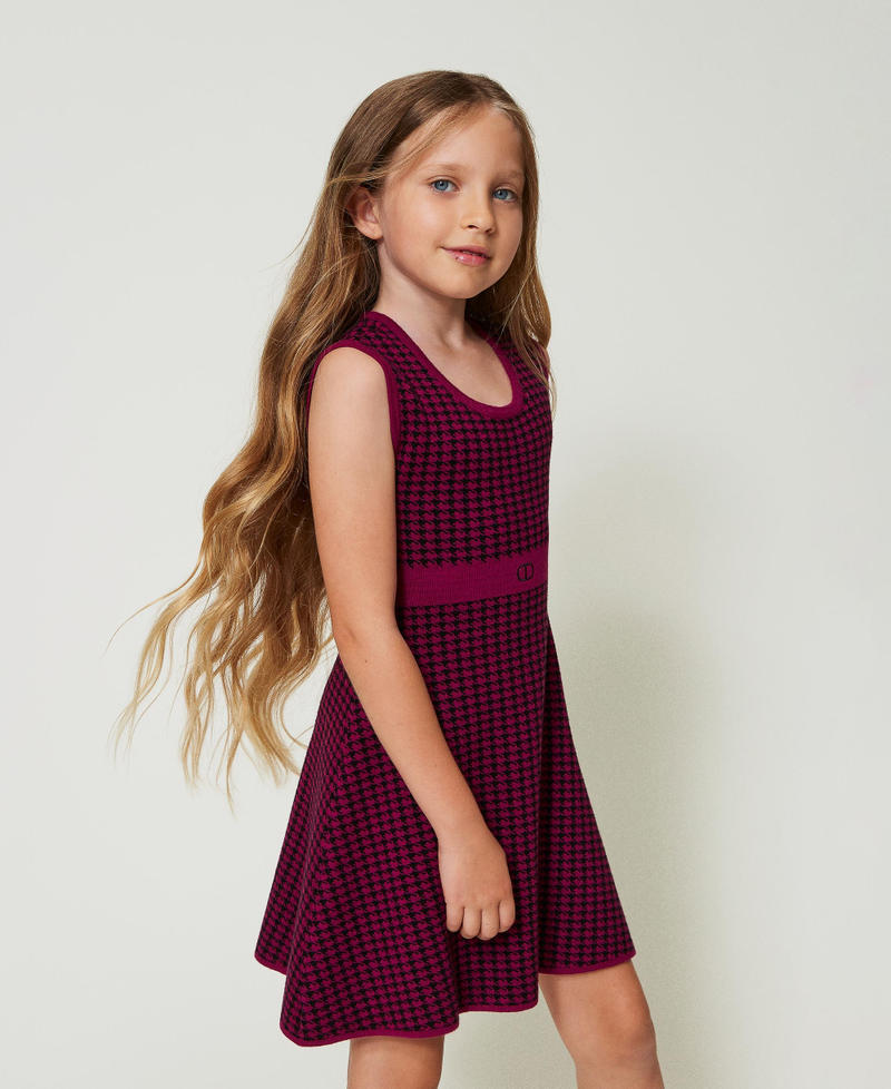 Jacquard knit short dress with houndstooth pattern Two-tone Magenta Purple / Black Girl 242GJ3101_11855_02